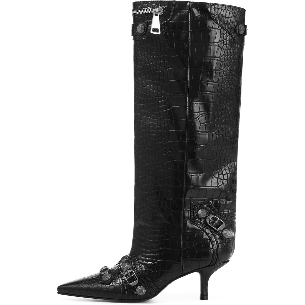 Women's Black Crocodile Wide Calf Boots Pointed Toe Classic Fall Winter Boots